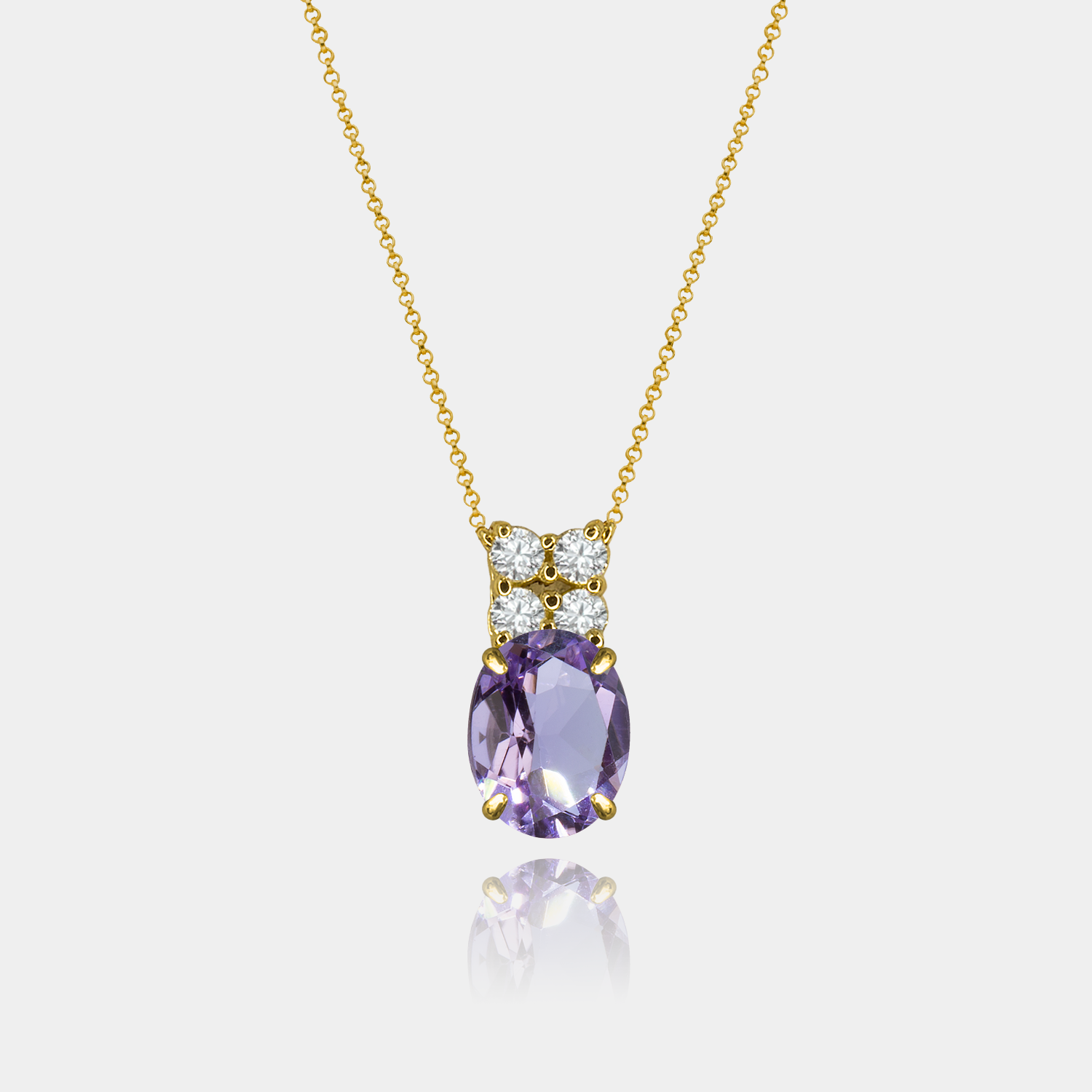 Colar Ametista Oval + 4 Diamantes em Ouro 18k