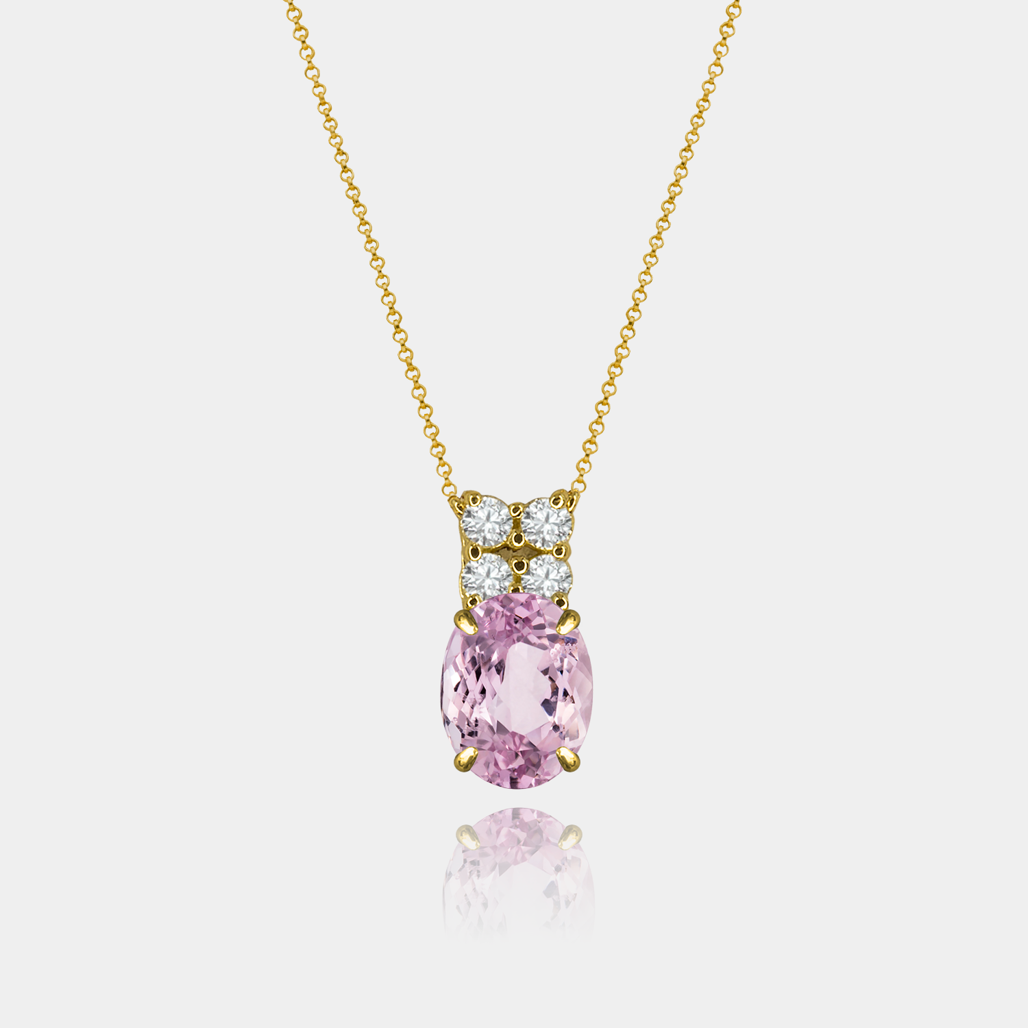 Colar Kunzita Oval + 4 Diamantes em Ouro 18k