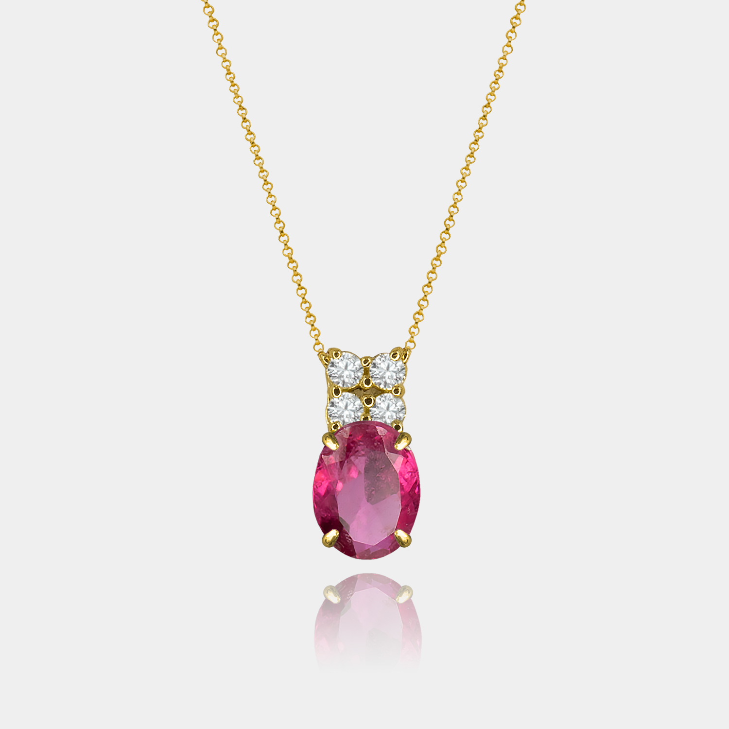 Colar Turmalina Rosa Oval + 4 Diamantes em Ouro 18k